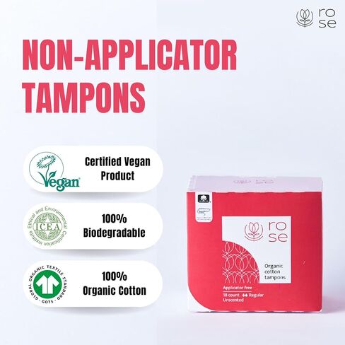 Rose Organic Tampons - Regular, Non Applicator, 100% Organic Cotton core and Security Veil, Unscented - 18 Count (Pack of 1) in Saudi Arabia