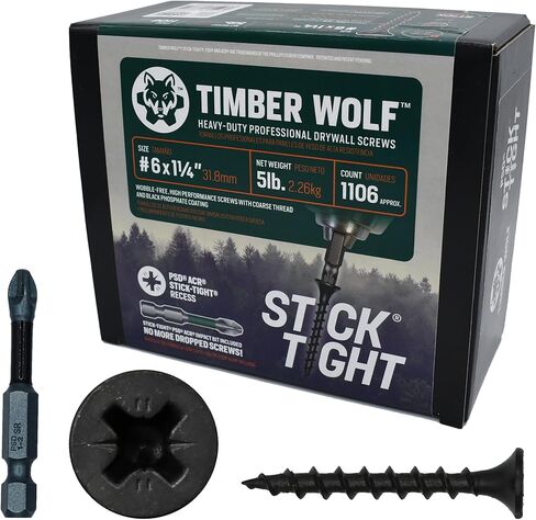 براغي الحوائط الجافة - براغي بناء الحوائط الجافة شديدة التحمل مع لقمة تأثير PSD ACR مقاس 2 بوصة، وأضلاع التثبيت، وتقنية الالتصاق، ومجموعة إصلاح الحوائط الجافة، مقاس 6X1 1/4 صندوق 5LB (عدد 1106) in Kuwait