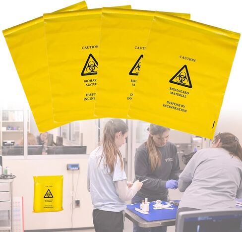 أكياس نفايات بيولوجية للاستعمال مرة واحدة - حقيبة أمان قابلة للالتصاق، قابلة للتعقيم، مقاومة للثقب، 45 ميركون، 12 بوصة × 17 بوصة، 100 قطعة in Kuwait