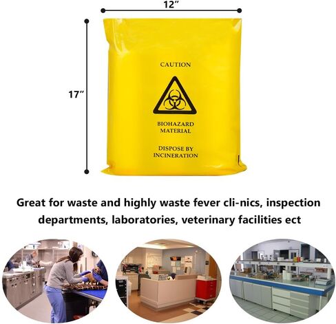 أكياس نفايات بيولوجية للاستعمال مرة واحدة - حقيبة أمان قابلة للالتصاق، قابلة للتعقيم، مقاومة للثقب، 45 ميركون، 12 بوصة × 17 بوصة، 100 قطعة in Kuwait