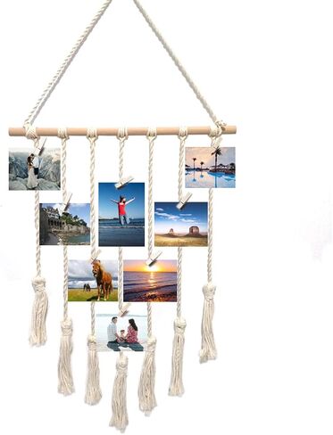 Macrame Wall Hanging Photo Display Boho Decor Wall Tapestry Picture Organizer (Off White) in Kuwait