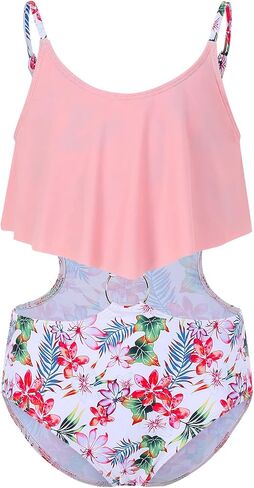Girls One Piece Swimsuit Ring Linked Cute Swimwear Adjustable Strap Floral Beach Bathing Suit 3-12 Years in Kuwait