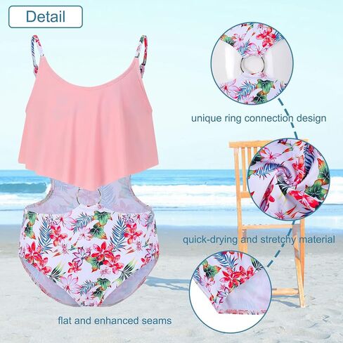 Girls One Piece Swimsuit Ring Linked Cute Swimwear Adjustable Strap Floral Beach Bathing Suit 3-12 Years in Kuwait