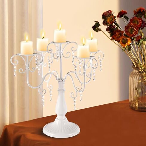 15.3in Gold Candelabra Centerpieces for Tables, 5 Arm Crystal Candelabra for Pillar Candles, Metal Candelabra Candle Holders for Wedding Centerpiece Decor Party Event Reception Decoration in Saudi Arabia