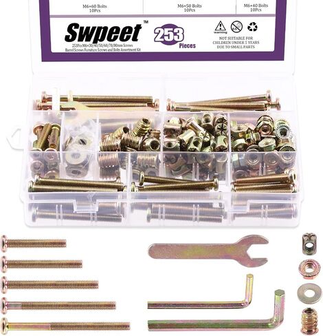 Swpeet 253Pcs M6 x 30/40/50/60/70/80mm Zinc Plated Crib Hardware Screws Kit, Hex Socket Head Cap Crib Bed Bolt and Barrel Nuts Flat Washer and Flange Nuts with Threaded Insert Nuts in Saudi Arabia