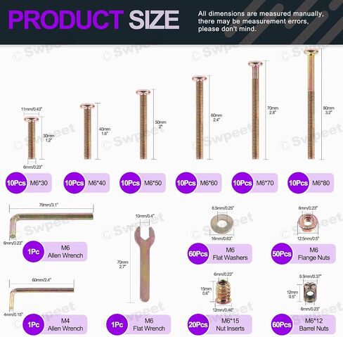 Swpeet 253Pcs M6 x 30/40/50/60/70/80mm Zinc Plated Crib Hardware Screws Kit, Hex Socket Head Cap Crib Bed Bolt and Barrel Nuts Flat Washer and Flange Nuts with Threaded Insert Nuts in Saudi Arabia