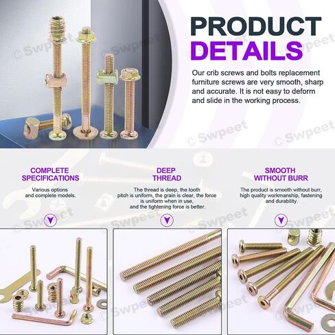 Swpeet 253Pcs M6 x 30/40/50/60/70/80mm Zinc Plated Crib Hardware Screws Kit, Hex Socket Head Cap Crib Bed Bolt and Barrel Nuts Flat Washer and Flange Nuts with Threaded Insert Nuts in Saudi Arabia