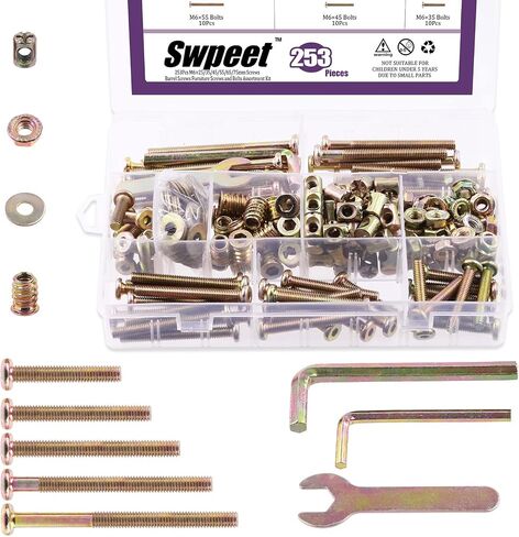 Swpeet 253Pcs M6 x 30/40/50/60/70/80mm Zinc Plated Crib Hardware Screws Kit, Hex Socket Head Cap Crib Bed Bolt and Barrel Nuts Flat Washer and Flange Nuts with Threaded Insert Nuts in Saudi Arabia