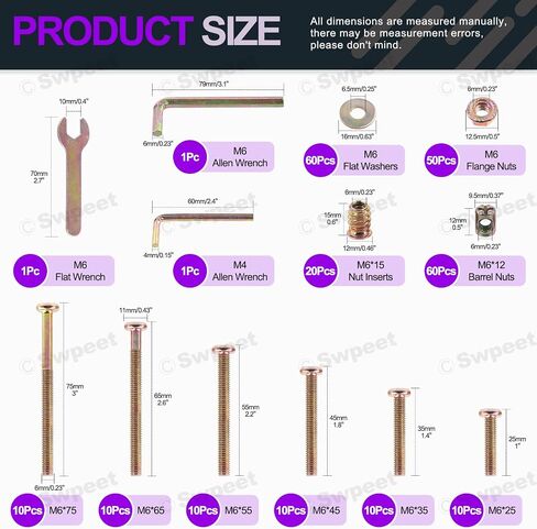 Swpeet 253Pcs M6 x 30/40/50/60/70/80mm Zinc Plated Crib Hardware Screws Kit, Hex Socket Head Cap Crib Bed Bolt and Barrel Nuts Flat Washer and Flange Nuts with Threaded Insert Nuts in Saudi Arabia