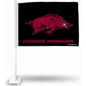Rico Industries NCAA Arkansas Razorbacks Black Double Sided Car Flag - 16" x 19" - Strong Pole That Hooks onto Car/Truck/Automobile