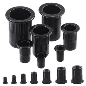 Keadic 180Pcs Carbon Steel Threaded Rivet Nuts Assortment Set M3 M4 M5 M6 M8 M10 M12 Rivnut, Zinc-Plated Black Knurled Flat Head Threaded Insert Nut for Furniture Mechanical Fasteners