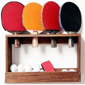 Ping Pong Paddle Holder Rack Rustic Wood Table Tennis Ball Wall Mounted Storage Shelf with Pre-Buried Sleeves Bolt Crack-Preventing Design