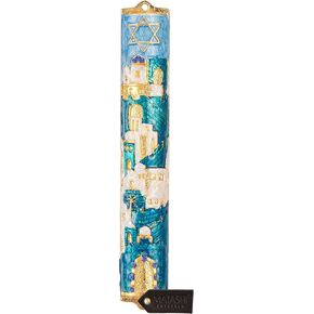 Matashi Hand Painted Blue and Ivory Enamel Jerusalem Cityscape Mezuzah with Gold Accents and a Star of David Crystals Home Door Wall Decor Housewarming Present for Festival (5.5 inch)