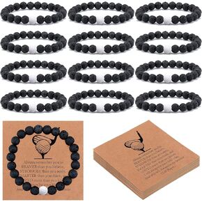 12 Pcs Sport Bracelets Team Gift Lave Stone Black White Beaded Bracelet with Inspirational Card for Football Volleyball Golf Baseball Basketball Soccer Softball Party Favor