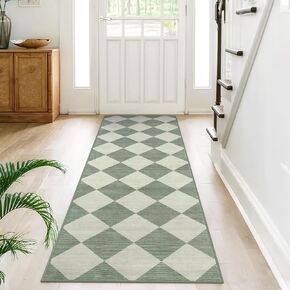 Beeiva Checkered Hallway Rug 2x6, Ultra Thin Kitchen Rug Runner Non Slip Washable Carpet Runners for Hallway 6ft, Moroccan Print Runner Rug Stain Resistant Floor Runner for Bathroom, Blue/Grey