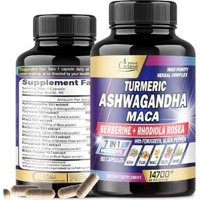 Ashwagandha Supplements 14700mg - Memory, Immune System & Strength Support - 7in1 Concentrated with Turmeric, Maca Root, Berberine & More - 90 Vegan Capsules for 3-Month Supply