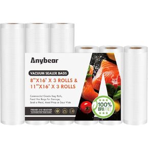 Vacuum Sealer Bags Rolls, 3 Pack 8''x16' Commercial Food Storage Bags for Custom Fit with BPA Free and Heavy Duty, Use for Storing Raw and Cooked Foods Meal Prep or Sous Vide