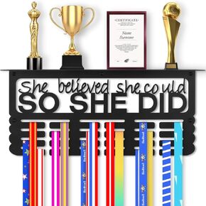 Medal Hanger Display with Trophy Shelf, Upgraded Sports Medal Holder Trophy Display Shelf Ribbon Holder Simple Wall Hanger with Motivational Words for Athletes and Youth