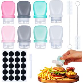 8 Pcs Mini Salad Dressing Container, Ketchup Container Squeeze Bottles Leakproof Sauce Dispenser to Go for Lunch Silicone Portable Jars with Cleaning Brush Labels Marker Pen 1.3 oz,38 ml