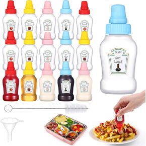 16 pcs Mini Ketchup Bottles,25ML Condiment Squeeze Bottles Plastic Sauce Container for Kids Lunchbox Portable Refillable Honey Sauce Salad Dressing Dispensers Jars Containers