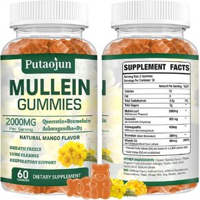 Mullein Gummies | Mango Flavored Mullein Supplements for Lungs | Organic Mullein Gummies Immune Support | Pure Vegetarian Mullein Gummies Herbal | Soft and Non Sticky Mullein Leaf Extract | 1 Pack