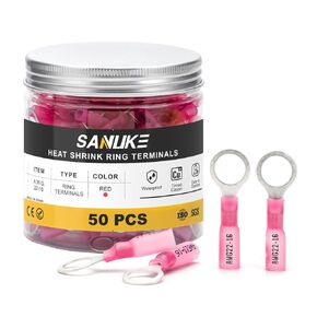 Sanuke 50pcs 12-10 AWG Yellow 3/8" Heat Shrink Ring Terminals - Waterproof and Insulated Tinned Copper Wire Connectors - Marine Grade Terminal Connectors