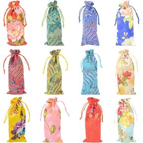 yueton 12PCS Vintage Chinese Style Silk Drawstring Bags Flower Floral Wave Pattern Brocade Pouches Jewelry Bag Gift Bag Candy Sachet Coin Purse