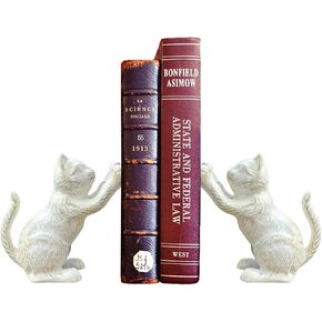 Book Ends Decorative for Shelves, Cute Cat Decor Bookends for Home/Office, Cast Iron Heavy Duty Book End for Heavy Books, Unique Adorable Kittens Door Stoppers, Vintage White 2PCS