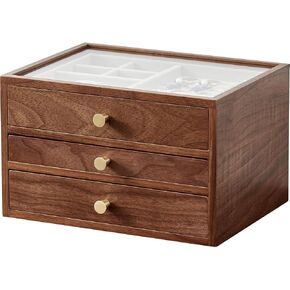 Black Walnut Wooden Jewelry Box Women Classical Solid Wooden 4-Layer Organizer with Glass Lid Drawers Watch Necklace Ring Earring Storage Mother's Day Gifts