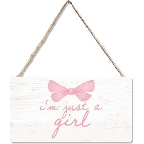 Coquette Girl Pink Bow Wooden Sign, Cute Girly Preppy Decor, Bachelorette Party Hanging Sign Wall Decor for Girls Teens Women, Girls Bedroom College Dorm Apartment Kitchen Door Decor 12 x 6 Inch