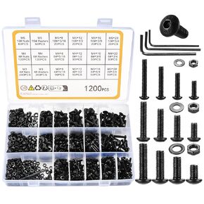 1200pcs Hex Socket Head Screws Bolts and Nuts and Washer Assortment Kit, 4# 8# 10# Hex Button Socket Head Cap Screws Nuts and Bolts and Washers Set, Black Machine Screws Nuts Bolts Kit