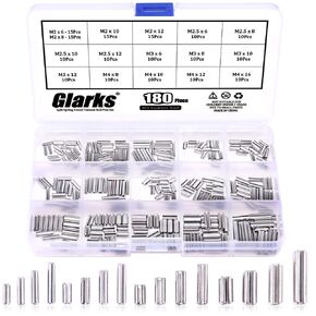 Glarks 180Pcs M2 M2.5 M3 M4 Slotted Spring Pin Assortment Kit, Split Spring Dowel Tension Roll Pins - 304 Stainless Steel