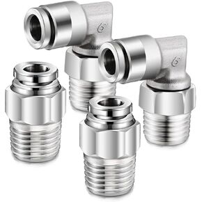 4 Pcs Pneumatic 304 Stainless Steel Male Straight Pipe and Elbow Combination 1/4 Inch Tube OD x 1/4 Inch NPT Thread Push to Connect Fittings PC-1/4-N2+PL-1/4-N2