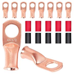 RED WOLF Ring Wire Terminals Copper 4 AWG 3/8" Stud Battery Cable Lugs Copper Connector 10PCS, W/3:1 Heat Shrink Tubing Marine Grade for Electrical Automotive Cable Wire Wrap Connection