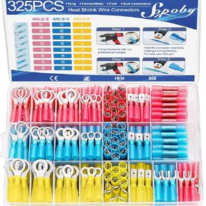 325PCS Marine Grade Heat Shrink Wire Connectors - Sopoby Electrical Connectors Kit of Tinned Red Copper, AWG 22-10 Waterproof Crimp connectors terminals Insulated Ring Fork Spade Butt Splices