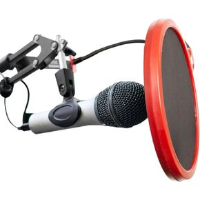 Deco Gear Universal Double Layer Pop Filter Microphone Wind Screen with Adjustable Goose Neck Mic Stand Clip (Black with Red Trim)
