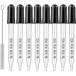 Eye Dropper Set for Essential Oils,8Pcs Pipettes Dropper with Black Rubber Head, Calibrated Thick Glass Medicine Dropping Pipettes, 1ml Dropper Measurer, Dropper for Liquid, Straight-Tip