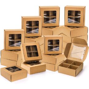 40 Pack Brown Bakery Boxes with Window and Dividers, 6 x 6 Inch Mini Pastry Boxes with 4 Compartments, Kraft Treats Gift Boxes with Inserts, Cupcake Packaging Containers for Pastries Biscuits