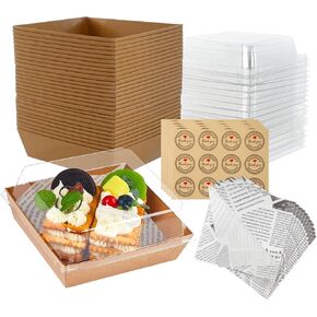50 Pack Paper Charcuterie Boxes with Clear Lids, WATUNID 5" Square Disposable Food Containers with 50PCS Greaseproof Paper 60 Stickers, Bakery Dessert Boxes for Sandwich Cookie Sushi Cake Slice, Brown