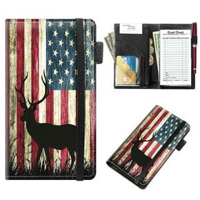 Server Books for Waitress 5 x 7.75 inch Black Server Book with Zipper Pocket and 5 Large Pockets 1 Pen Holder Cute Waitress Book Organizer Fit Server Apron - American Flag Sunflower/Cow