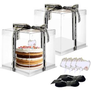 Clear Cake Box, 2 Pcs Transparent Cake Carrier Box with Lids, 4'' PET Cake Packaging Boxes with Ribbon Gift Card for Pastries, Clear Gift Boxes for Birthday, Wedding and Festival Party, White.