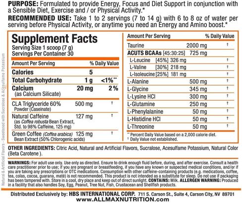 ALLMAX A:CUTS Amino-Charged Energy Drink, Arctic Orange - 210 g - with Caffeine, Green Coffee Extract, L-Carnitine & 2000 mg of Taurine - Sugar & Gluten Free - 30 Servings in Saudi Arabia
