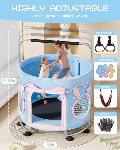 Trampoline for Kids - Adjustable Baby Toddler Trampoline with Anti-Rollover Round Bottom and Safety Enclosure, Birthday Gifts for Girl, Boy Indoor & Outdoor in Saudi Arabia