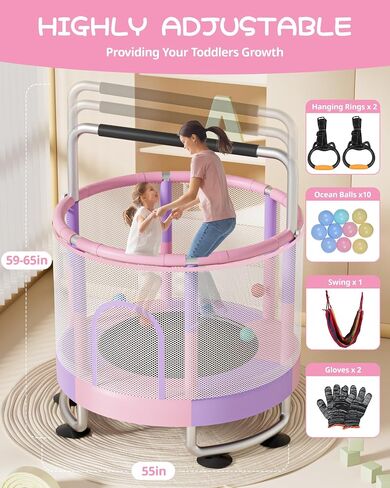 Trampoline for Kids - Adjustable Baby Toddler Trampoline with Anti-Rollover Round Bottom and Safety Enclosure, Birthday Gifts for Girl, Boy Indoor & Outdoor in Saudi Arabia
