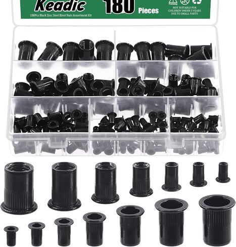 Keadic 180Pcs Carbon Steel Threaded Rivet Nuts Assortment Set M3 M4 M5 M6 M8 M10 M12 Rivnut, Zinc-Plated Black Knurled Flat Head Threaded Insert Nut for Furniture Mechanical Fasteners in Saudi Arabia