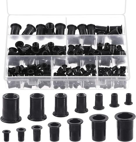 Keadic 180Pcs Carbon Steel Threaded Rivet Nuts Assortment Set M3 M4 M5 M6 M8 M10 M12 Rivnut, Zinc-Plated Black Knurled Flat Head Threaded Insert Nut for Furniture Mechanical Fasteners in Saudi Arabia