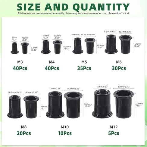 Keadic 180Pcs Carbon Steel Threaded Rivet Nuts Assortment Set M3 M4 M5 M6 M8 M10 M12 Rivnut, Zinc-Plated Black Knurled Flat Head Threaded Insert Nut for Furniture Mechanical Fasteners in Saudi Arabia