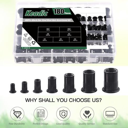 Keadic 180Pcs Carbon Steel Threaded Rivet Nuts Assortment Set M3 M4 M5 M6 M8 M10 M12 Rivnut, Zinc-Plated Black Knurled Flat Head Threaded Insert Nut for Furniture Mechanical Fasteners in Saudi Arabia