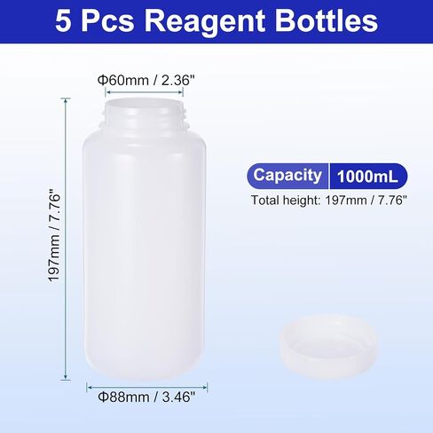 PATIKIL 5 Pcs 1000ml Reagent Bottles, PE Wide Mouth Round Graduated Bottles with Screw Cap for Lab Water Reagent Liquids Solid Sample Storage Seal, Transparent White in Saudi Arabia