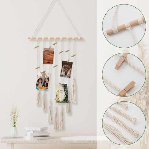 Macrame Wall Hanging Boho Hanging Photo Display with Remote Light 20 Clips， Christmas Birthday Gifts for Teen Girls, Trendy Stuff, Macro Photo Frame for Living Room, Dining Room, Home Decor (COLOURED) in Saudi Arabia